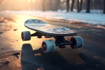 Afwasbaar fotobehang a skateboard on a snowy surface © ArtistUsman
