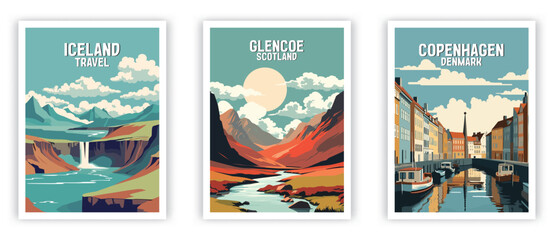 Iceland, Glencoe, Copenhagen Illustration Art. Travel Poster Wall Art. Minimalist Vector art - obrazy, fototapety, plakaty