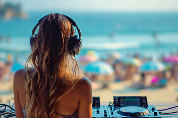 Beautiful glamorous girl DJ at the DJ console, playing music, wearing large headphones. beach...