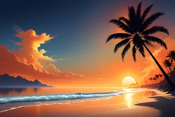 Foto op Canvas vector beach scene with sunset, palm sunday, Generated AI © mdabu