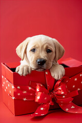 
Cute Labrador puppy inside of opened gift box with a big red bow
