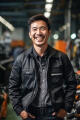 Portrait of a happy Asian man in a black jacket standing in a factory