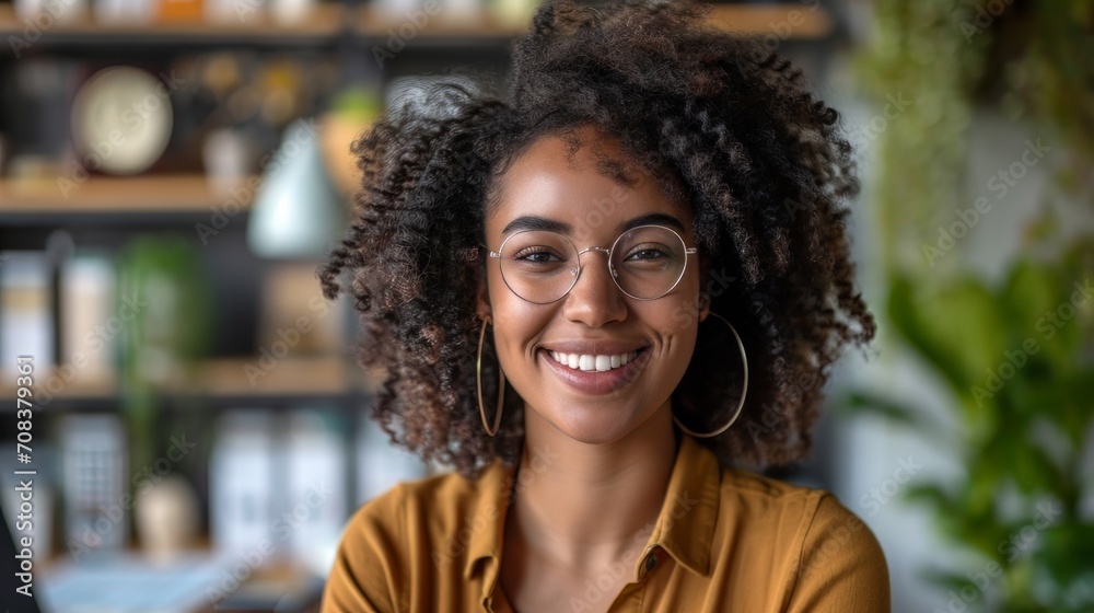 Poster realistic portrayal of a woman in an office setting, smiling cheerfully during a video call or virtu