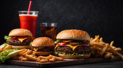big family portion of fast food, hamburger, cola, fries