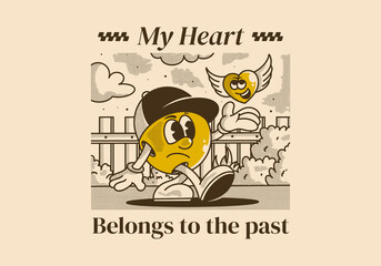My heart belong to the past. Character illustration of a ball head and flying heart