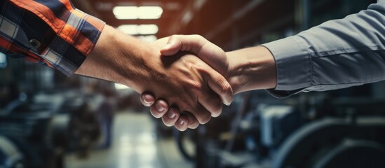 Close-up of workers shaking hands in an industrial storage space for teamwork in the metalworking hardware industry. - obrazy, fototapety, plakaty