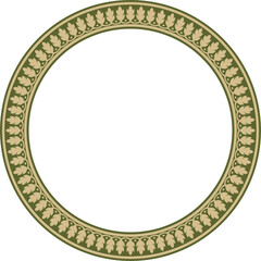Vector round gold and green Indian national ornament. Ethnic plant circle, border. Frame, flower ring. Poppies and leaves..