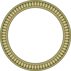 Vector round gold and green Indian national ornament. Ethnic plant circle, border. Frame, flower ring. Poppies and leaves..