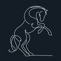 Single line drawing of horse logo template, emblem, banner, poster, tattoo design. Beautiful horse stands on its hind legs minimalist black linear sketch isolated on a black background. Vector illustr