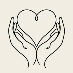 One continuous line drawing of hands holding a heart. Love concept in simple linear style. Doodle outline vector illustration,, for Valentine's Day, March 8, wedding	