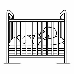 Vector illustration (sketch), single line silhouette, baby sleeping in a crib. Emotions of motherhood and love for a child