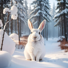 photo cute rabbit in snow forest