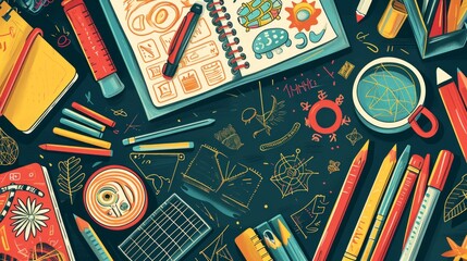 School supplies, pencils and rulers, colorful posters, organized desk, doodle Generative AI