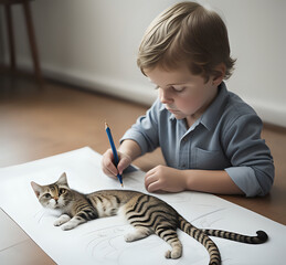 little child playing with cat drawing on white note book of Kura the tabby cat - obrazy, fototapety, plakaty