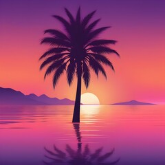 Obraz premium vector beach scene with sunset, palm sunday, Generated AI