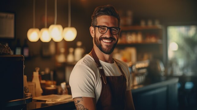 Barista portrait on a blurred background. Hipster barista man with beard.