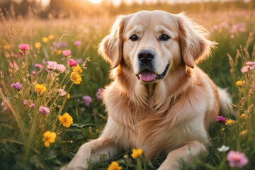 A golden retriever in the grass, spring meadow full of colorful flowers