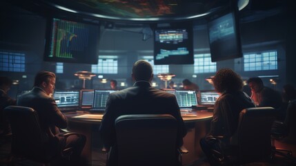 Fototapeta premium Stock exchange trading floor with stockbrokers interacting, making deals, and communicating on the phone Generative AI