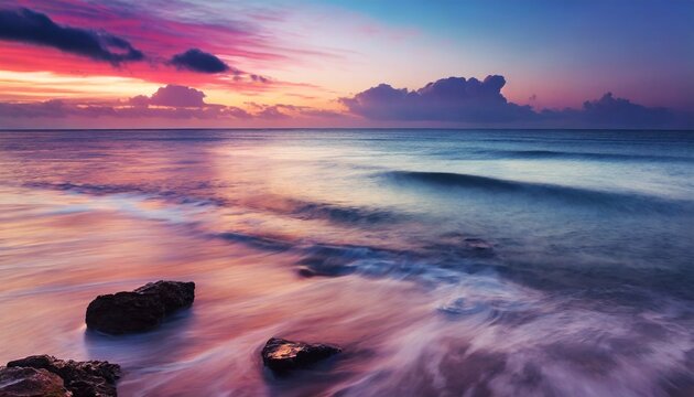 Blur of ocean waves with colorful sunset landscape with reflection on water
