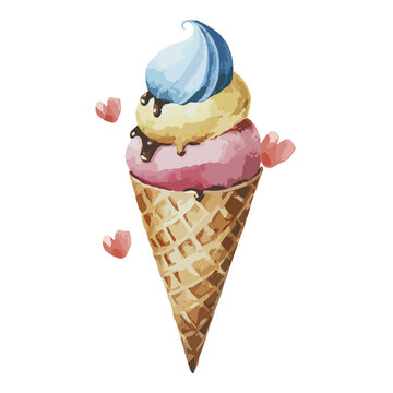 watercolor cone ice-cream with hearts illustration design, isolated 