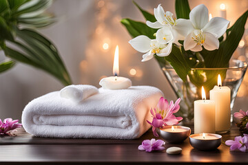 Obraz na płótnie Canvas Beauty spa massage couch depilation wax water bowl candles flowers and plants in background