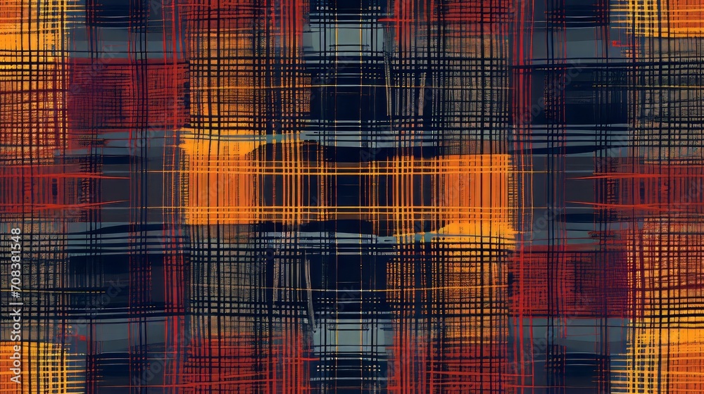 Poster tiny repeating plaid textile pattern, intricate lines, rich colors, seamless design, detailed linewo