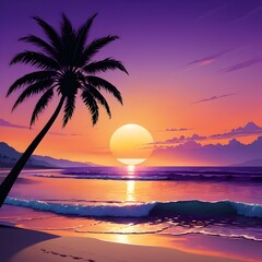 vector beach scene with sunset, palm sunday, Generated AI