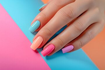 Multi-colored pastel manicure combined tone on tone with a striped background.Nail art. Female hands with trendy colorful French manicure are lying on bright multicolored background. Copy space 