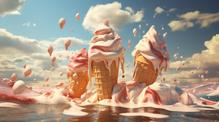 Beautiful ice cream in a cone floating in clouds, imagination fairy tale artwork. Cold summer refreshment. Generative AI - obrazy, fototapety, plakaty