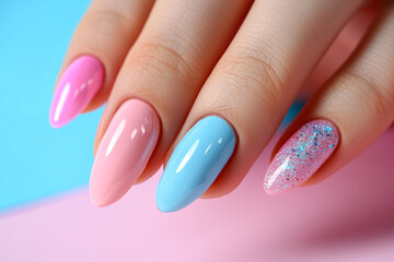Multi-colored pastel manicure combined tone on tone with a striped background.Nail art. Female hands with trendy colorful French manicure are lying on bright multicolored background. Copy space 