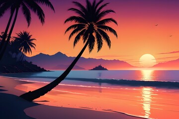 vector beach scene with sunset, palm sunday, Generated AI