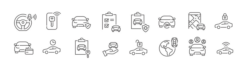 Car rental service and sharing. Global business, checklist and insurance. Pixel perfect, editable stroke icon