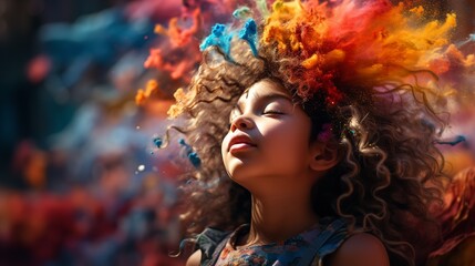 A little girl enclosed in a vibrant paint explosion with her eyes closed, Generative AI.
