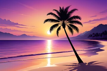vector beach scene with sunset, palm sunday, Generated AI - obrazy, fototapety, plakaty
