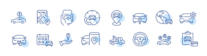 Set of car rent icons. Call centre support, car locations, calendar and card payment. Pixel perfect, editable stroke icons