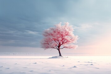 A minimalistic autumn tree with red leaves in a winter landscape with snow on the ground