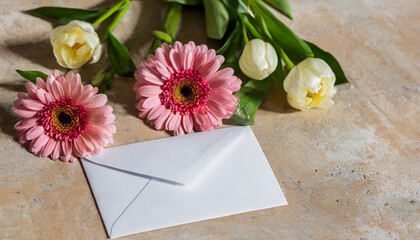 Beautiful flowers with blank envelope on beige grunge background