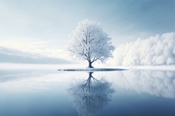 Fototapeta na wymiar A beautiful tree covered with snow in a minimalistic winter landscape