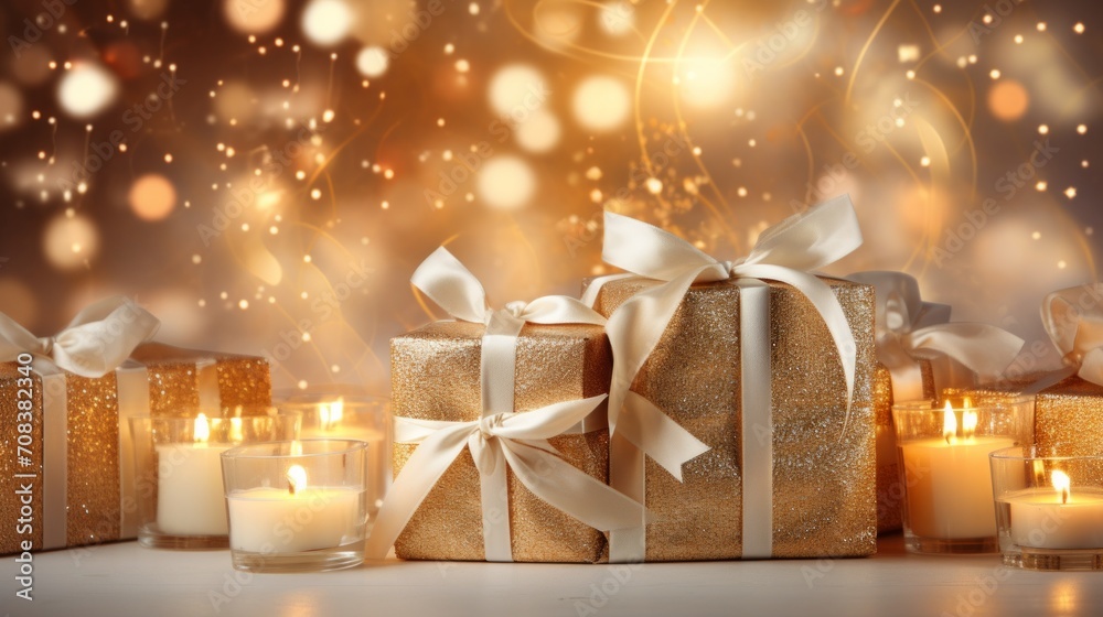 Poster ultra-realistic portrayal capturing the allure of white and gold christmas presents arranged atop an