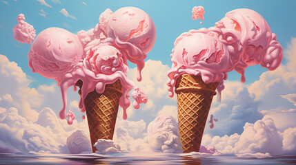 Beautiful ice cream in a cone floating in clouds, imagination fairy tale artwork. Cold summer refreshment. Generative AI