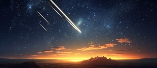 Beautiful Meteor shower in the dark sky at night background, Shiny of shooting star from space, landscape - obrazy, fototapety, plakaty