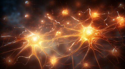 Visual representation of the neuron structure, emphasizing the cell body, dendrites, axon, and synapses, showcasing electrical impulses transmission. photorealistic epic lighting Generative AI