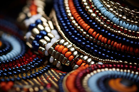 Close-up of intricate African beaded necklaces. Traditional craft and fashion. Handmade beadwork showcasing African cultural art and jewelry design