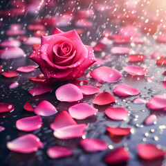 pink rose with water drops, rose petals