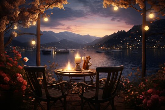 A beautiful and romantic dinner table under the trees with the view of a beautiful landscape