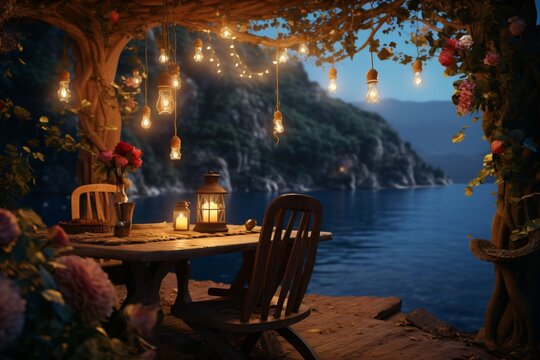 A beautiful and romantic dinner table under the trees with the view of a beautiful landscape