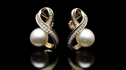 unique elegant design white pearl pieced earrings pair fine jewelry isolated on black background - obrazy, fototapety, plakaty