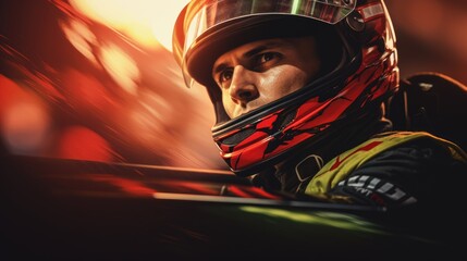 Race car driver portrait on blurred background. Sports concept