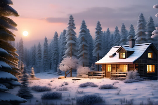 Beautiful cabin in snow forest landscape
