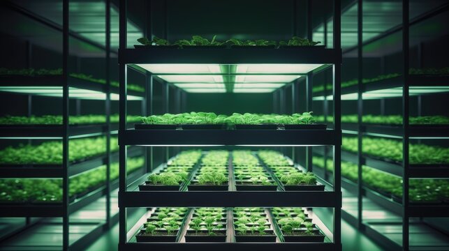 Vertical farming greenhouse. Macro and micro business of plants. Microgreens grow under LED lights. Indoor racks full of greens vertically. Eco products, healthy eating and super food